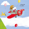 A white dog in goggles and a helmet pilots a red toy plane with a yellow bird and balloons. Ideal for kids’ vehicle stories, Schiffer Publishing, Ltd.'s "Faster, Please!" features the line: I will go fast on a plane...