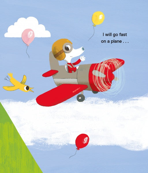 A white dog in goggles and a helmet pilots a red toy plane with a yellow bird and balloons. Ideal for kids’ vehicle stories, Schiffer Publishing, Ltd.'s "Faster, Please!" features the line: I will go fast on a plane...