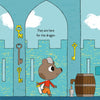 A bear in a red shirt with sword and scroll walks past keys and a barrel in a blue castle hall. Text above: They are here for the dragon—Dragon's Castle by Schiffer Publishing, Ltd., perfect for an adventure kids’ book or play mat.