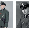 A mannequin and a young man display WWII German uniforms with Waffen-SS insignia, as seen in "Black and Field Gray Uniforms of Himmler's SS, Vol. 1" by Schiffer Publishing, Ltd.; the mannequin is in color, the man's portrait in black and white.