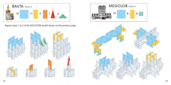 Instructional diagram for assembling Bauta and Megolob paper models with ArchiTek by Schiffer Publishing, Ltd. Numbered, colored pieces inspire creativity; illustrated stages and boxes of parts guide you through the cardboard building kit.