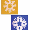 Creating Snowflake Art by Schiffer Publishing, Ltd. features two square decorative snowflakes: one on gold with angel shapes, and one on blue with symmetrical angels, hearts, and animals—charming examples of papercut art.