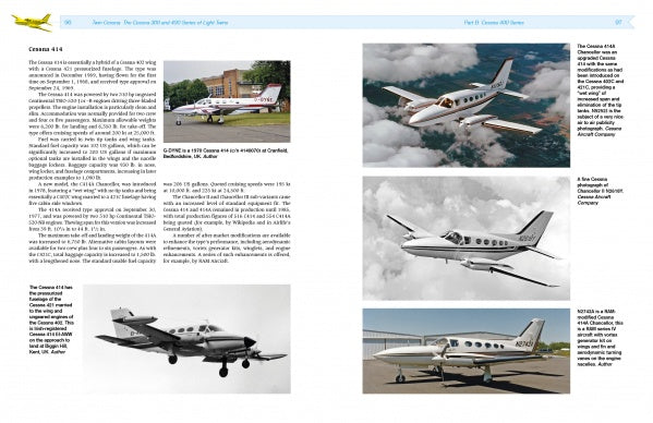 A magazine spread by Schiffer Publishing, Ltd. spotlights the Twin Cessna with text and five photos—two on the ground, three in flight—highlighting different angles and liveries, plus captions and general aviation details for a complete layout.