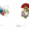 Two abstract mixed-media art pieces from "Chinese Contemporary Jewelry Design" by Schiffer Publishing, Ltd. are shown: the left collage has blue tassels, pearls, coral, and plastic; the right features a red fan, sculpted faces, and a shell.