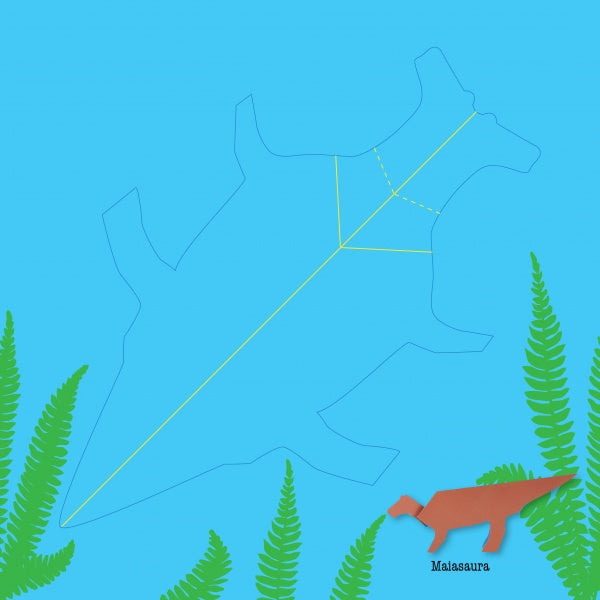 A blue dinosaur fossil with yellow measurement lines appears above green ferns. At the lower right, a brown Maiasaura stands, resembling an Origanimo paper dino. Product: Dinosaurs by Schiffer Publishing, Ltd.