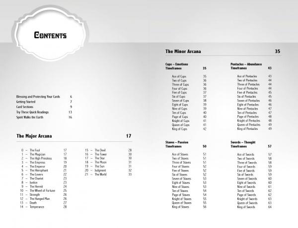 A black and white table of contents for "My First Tarot" by Schiffer Publishing, Ltd. lists sections like The Major Arcana and The Minor Arcana with chapter titles and page numbers in two columns on a light gray background.