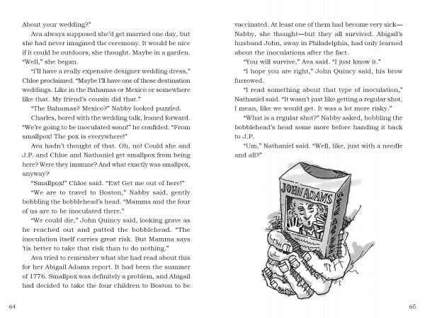 Two book pages with text. The right page shows a black and white illustration of a magic John Adams bobblehead in a suit. From "John Adams and the Magic Bobblehead" by Schiffer Publishing, Ltd.—a fun pick for young history fans.