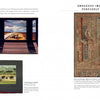 A spread from "The Art Is the Cloth" by Schiffer Publishing, Ltd. shows three paintings—a buffalo and a landscape—on the left page, plus a faded tapestry weaving on the right, with text under “Embedded Images & Images Purposely Out of Focus.”.