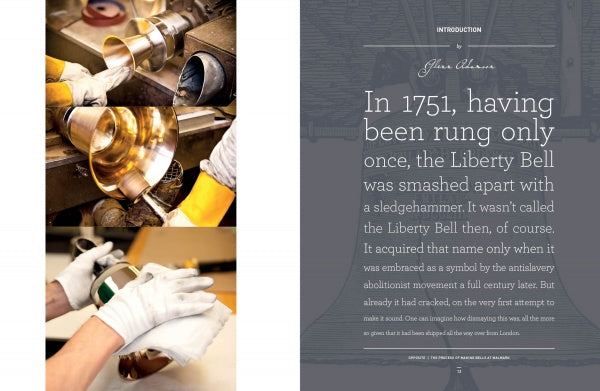 On the left, gloved hands restore a bell—celebrating Philadelphia craft; on the right, text notes the Liberty Bell rang in 1751, was damaged, and became an abolitionist symbol. From Craft Capital by Schiffer Publishing, Ltd.