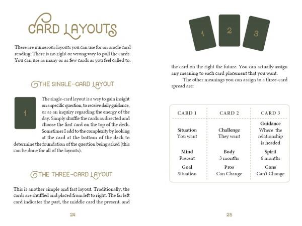 Two pages from The Wild Elemental Oracle by Schiffer Publishing, Ltd. show tarot and animal oracle spreads. The left explains single- and three-card layouts with card images; the right lists meanings like Situation, Challenge, and Mother Nature wisdom.