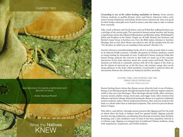 The left page shows a close-up of brown moccasins on green grass, titled Barefoot Wisdom by Schiffer Publishing, Ltd., with a Native American proverb. The right page discusses ancient healing traditions tied to grounding and natural energy.