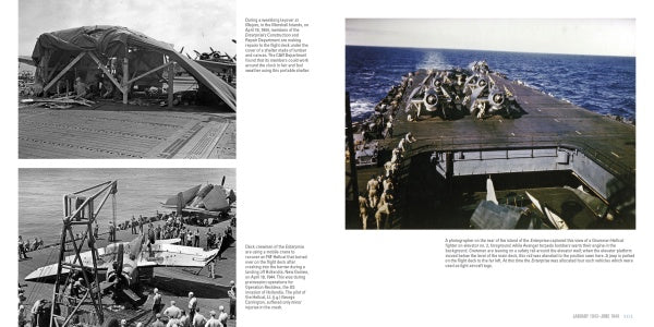 A collage of three photos depicts the USS Enterprise (CV-6): two black-and-white images show damaged planes and carrier decks, and a color photo features the ship at sea. Text blocks from Schiffer Publishing, Ltd. offer historical context.