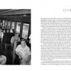 Black-and-white photo of children and adults in a vintage train car captures mid-20th-century rail spirit, in the style of A. Aubrey Bodine. On the right, the two-column "Introduction" for "Trains" by Schiffer Publishing, Ltd. is shown.
