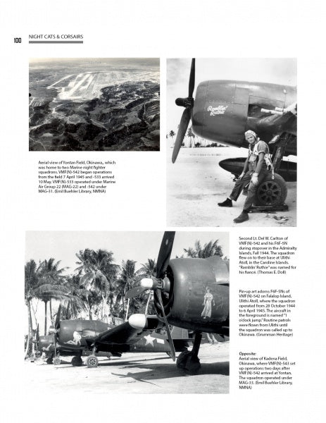 A page from "Night Cats and Corsairs" by Schiffer Publishing, Ltd. shows three black-and-white WWII photos: an airfield aerial view, a pilot by a Grumman F6F Hellcat, and another in a Vought F4U Corsair among palm trees, each with captions.