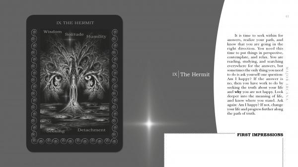The Inner Realms Tarot by Schiffer Publishing, Ltd. features the IX The Hermit card: a grayscale, hooded figure beneath a tree with swirling patterns, embodying wisdom, solitude, humility, seeking, and detachment—ideal for Tarot readers or companions.