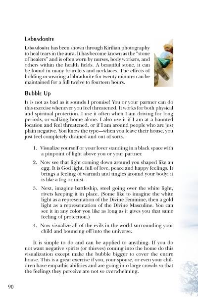 A page from "Psychic Sex" by Schiffer Publishing, Ltd. features text on labradorite healing, plus a "Bubble Up" section with tantric and visualization practices for emotional protection and self-care. Page 90 is at the bottom left.