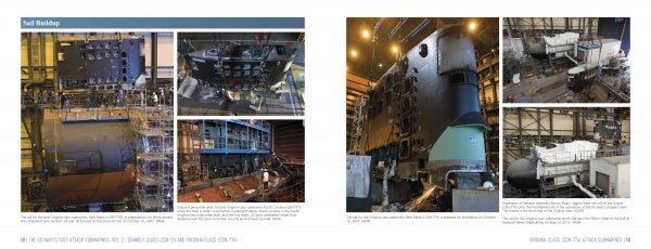 A two-page spread in Schiffer Publishing, Ltd.’s “The US Navy’s Fast-Attack Submarines, Vol. 2” shows six photos of the Virginia-class submarine assembly, featuring machinery, ship hulls, scaffolding, and workers in a large facility.