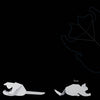 A sequence of four origami-style paper animals from "Cats" by Schiffer Publishing, Ltd. shows a mouse with a yellow ball, a cat approaching, the cat catching the mouse, and the cat resting contentedly by the ball on a black background.