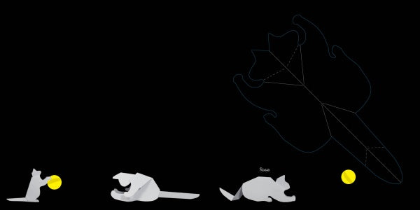 A sequence of four origami-style paper animals from "Cats" by Schiffer Publishing, Ltd. shows a mouse with a yellow ball, a cat approaching, the cat catching the mouse, and the cat resting contentedly by the ball on a black background.