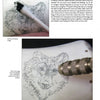 A close-up of Schiffer Publishing, Ltd.'s Powder Horns shows scrimshaw wolf face decoration. One image depicts ink application with a cotton swab; another shows stippling tool work. Text instructions accompany both images.