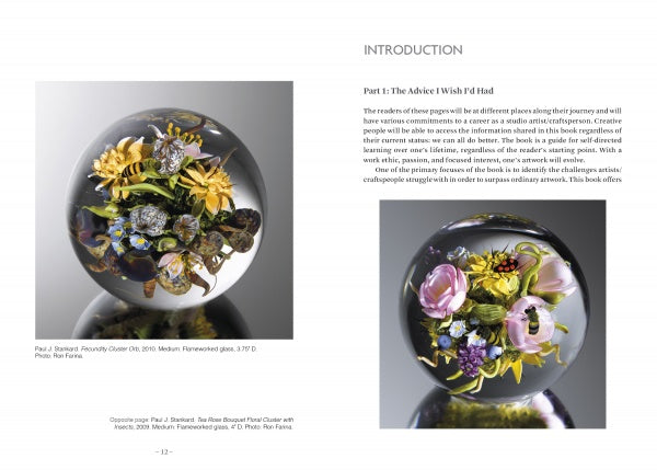 A glass sphere with vibrant floral designs rests on a white surface. Beside it, text introduces Part 1: The Advice I Wish I'd Had from Studio Craft as Career by Schiffer Publishing, Ltd.