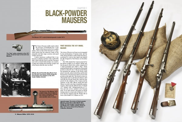 A two-page spread in "Mauser Rifles, Vol. 1" by Schiffer Publishing, Ltd. displays historical Mausers like the Gewehr 71, featuring close-ups, diagrams, vintage photos, three rifles on burlap, and artifacts such as a powder flask and medal.