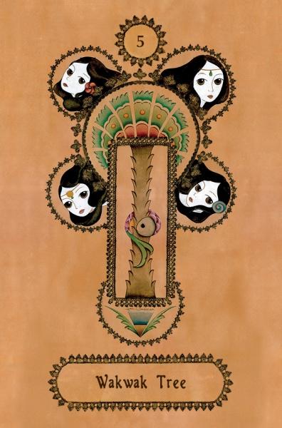 The Falnama oracle card by Schiffer Publishing, Ltd. features a stylized tree with four women’s faces and floral accents, evoking the traditional art style of historic Falnama cards.