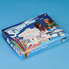 The Saltbox House build and color playset by Schiffer Publishing is shown on a blue background with images of two children assembling the paper model house, colored pencils, and illustrations of the finished house.