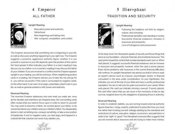 Two pages from Schiffer Publishing's "Intuitive Wisdom" display Tarot cards 4 Emperor & 5 Hierophant, showing images, upright/reversed meanings, and in-depth symbolism and interpretations for each card.