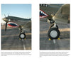 Four photos show close-ups of the Curtiss P-40 Warhawk’s nose, wheels, and shark mouth nose art—symbols of this iconic WWII fighter. The left page includes captions and text about the aircraft's markings. From Schiffer Publishing, Ltd.