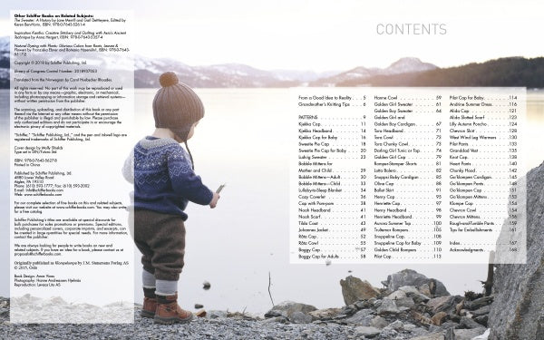 A toddler in cozy knitwear stands on a rocky lakeshore, gazing at the water with snowy mountains beyond. To the right, the table of contents for Knitting for Little Sweethearts by Schiffer Publishing, Ltd. is superimposed on the image.