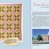A page from Quilts of Cumberland County (Schiffer Publishing, Ltd.) shows a pink and yellow floral vintage quilt with caption on the left; on the right, text about Trindle Spring and a photo of a brick church with white steeple.
