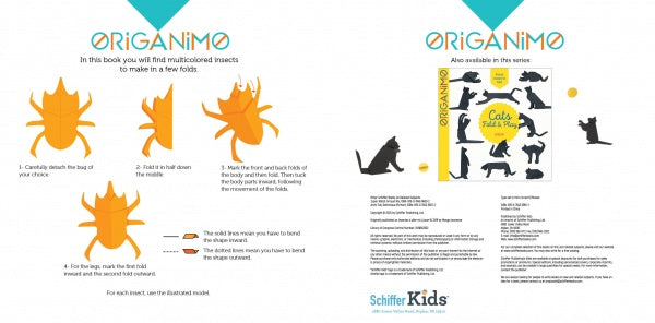 The "Insects" instructional guide by Schiffer Publishing, Ltd. features orange step-by-step origami diagrams to create insects, with the brand logo and a cover showing origami cats and silhouettes on a white background.