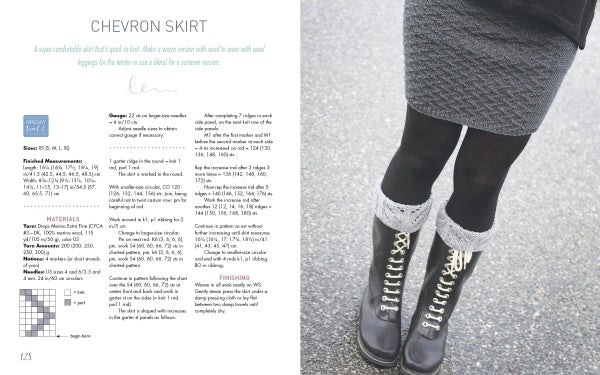 A person in a dark chevron skirt—made with Knitting for Little Sweethearts by Schiffer Publishing, Ltd.—black tights, and lace-up boots with gray knitted cuffs stands on wet pavement. Skirt knitting pattern instructions are shown on the left.