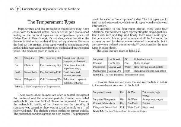 A page from Schiffer Publishing, Ltd.'s "Traditional Medical Astrology" displays tables summarizing the four temperaments, their elements, qualities, body fluids, and links these with historical medical theories and astrology.