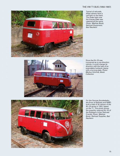 Three photos feature The VW Bus by Schiffer Publishing, Ltd.—a classic VW T1 converted for rail use with special wheels and DB logos, seen driving on train tracks amid buildings and greenery.