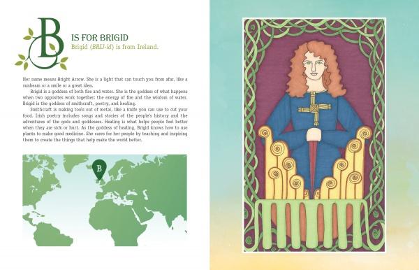 A vibrant spread from Schiffer Publishing, Ltd.’s "Goddesses from A to Z" features B for Brigid of Ireland, with a map, decorated letter, and an illustration of Brigid in a blue dress with red hair and golden flames.