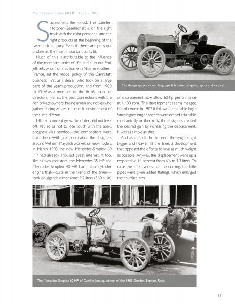 A black and white magazine page showcases two early 1900s Mercedes-Simplex 60 HP race cars, the forerunners to icons like the Mercedes-Benz 300 SL—featured in "Mercedes-Benz Supercars" by Schiffer Publishing, Ltd.