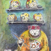 An illustrated skeleton in a yellow robe and flower crown paints designs on a skull, with decorated skulls above. The card reads 8 Pentacles from the Shadowland Tarot by Schiffer Publishing, Ltd.