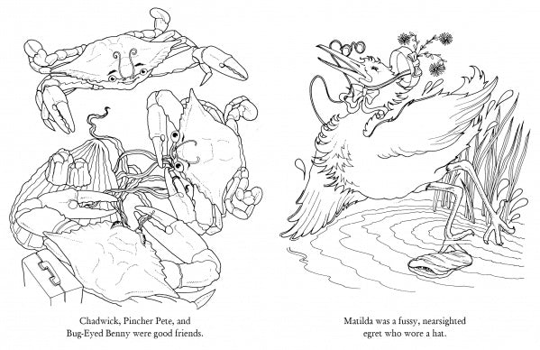 On the left, Chadwick the Crab, Pincher Pete, and Bug-Eyed Benny pose together. On the right by Chesapeake Bay, a hat-wearing egret stands for a playful kids’ scene from Schiffer Publishing's "Chadwick Activity Book.