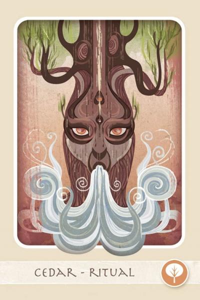 Stylized cedar tree with a face exhales swirling blue-white mist, green branches above. Labeled "Cedar - Ritual," this art from The Herbal Healing Deck by Schiffer Publishing, Ltd. evokes the power of medicinal plants and herbal medicine.