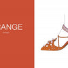 Split image: left side is solid orange with "ORANGE" and "(orange)"; right side features an orange strappy high-heeled shoe—ideal for Schiffer Publishing, Ltd.'s Colors de la Runway, a bilingual English-French rainbow colors fashion book for kids.
