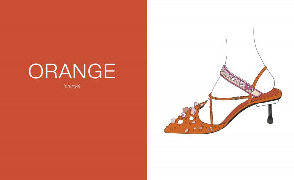 Split image: left side is solid orange with "ORANGE" and "(orange)"; right side features an orange strappy high-heeled shoe—ideal for Schiffer Publishing, Ltd.'s Colors de la Runway, a bilingual English-French rainbow colors fashion book for kids.