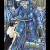 An elderly woman in a plaid coat stands under a full moon, holding shopping bags with an owl perched on her shoulder and a dog jumping up—city and figures behind her—inclusive “THE MOON” card from The Everyday Enchantment Tarot by Schiffer Publishing, Ltd.
