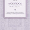 A decorative purple page in The Byzantine Tarot by Schiffer Publishing, Ltd. reads: PART ONE ANCIENT ICONS, describing the Byzantine Empire and featuring a quote on the worship of icons by St. John of Damascus over ornate patterns.