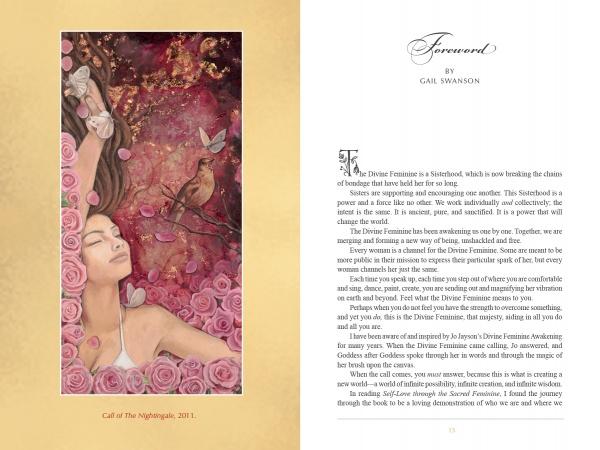 A spread from "Self-Love through the Sacred Feminine" by Schiffer Publishing, Ltd. features a serene woman amid roses and birds on the left and a Foreword by Gail Swanson in elegant script on the right.