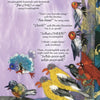 Illustration of North American birds—woodpecker, mockingbird, finches, flycatcher, cardinal, and whip-poor-will—perched on branches under a purple sky with song descriptions; from Song for Papa Crow by Schiffer Publishing, Ltd. Ages 5-8.