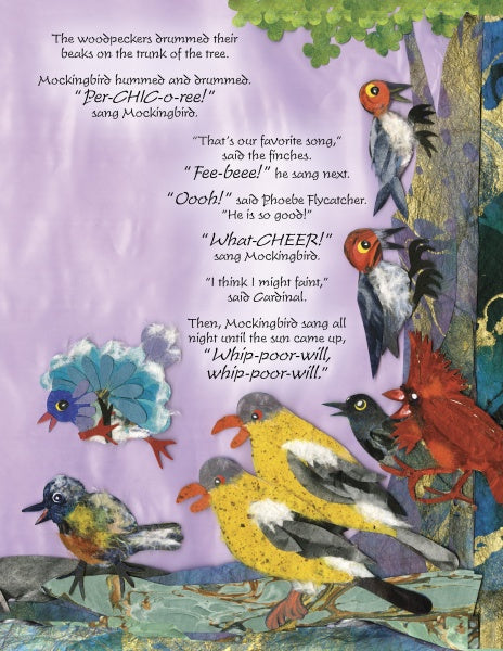 Illustration of North American birds—woodpecker, mockingbird, finches, flycatcher, cardinal, and whip-poor-will—perched on branches under a purple sky with song descriptions; from Song for Papa Crow by Schiffer Publishing, Ltd. Ages 5-8.