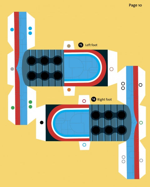 Diagram of two Super Robot paper templates by Schiffer Publishing, Ltd., labeled 15 Left and 14 Right, with blue, red, and black sections on yellow. Includes fold lines and circles; great for building hand-eye coordination—sports court design.