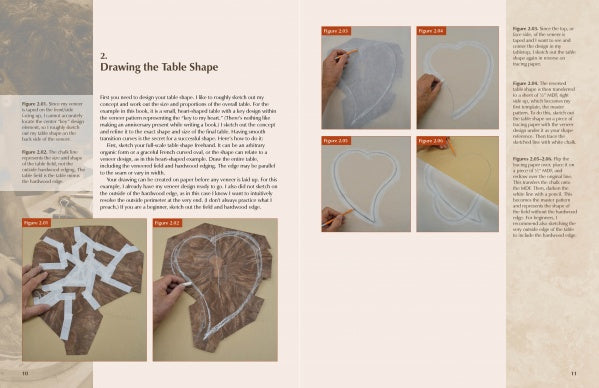 In "Hardwood Edging and Inlay for Curved Tables" by Schiffer Publishing, Ltd., a book spread presents step-by-step photos and instructions for drawing and cutting a curved tabletop pattern on fabric, with detailed diagrams and images.